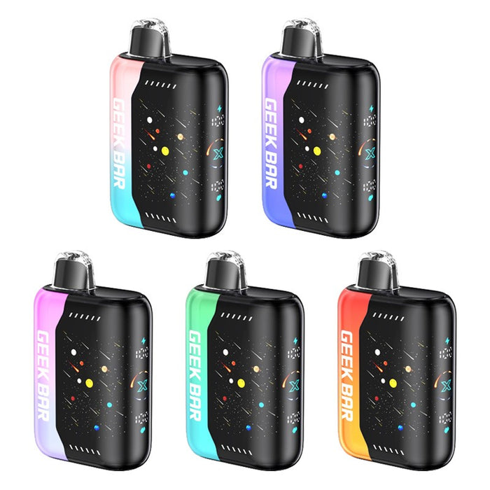 Geek Bar Pulse X 25K Meteor Edition disposable vape with a 3D curved starry screen.