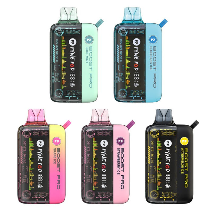 Pyne Pod Boost Pro 20K Zero Nicotine disposable vape with sleek design and vibrant colors.