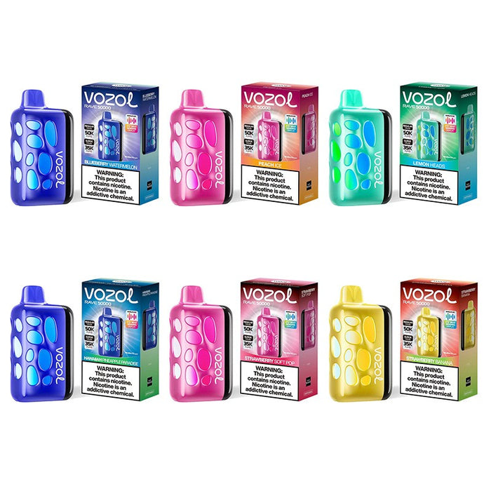 VOZOL Rave 50K Disposable Vape with 270° beat-sensing screen and vibrant light effects.