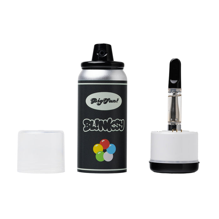 Street culture-inspired Blinksy vape device with spray can aesthetics, auto-draw mode, and Spray Mode for playful, fan-powered vapor clouds.