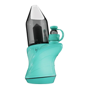 Focus V Carta Sport electric dab rig with contoured, non-slip silicone body sleeve and geometric borosilicate glass bubbler attachment.