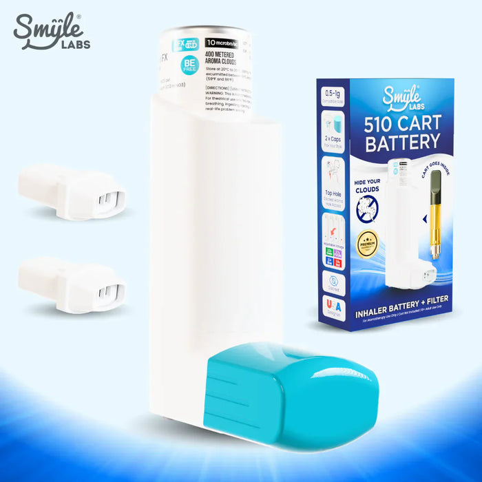 Smyle Labs concealed 510 cartridge vape device available in blue, grey, white, purple, and pink
