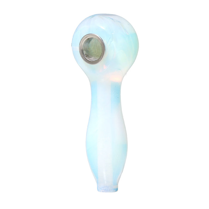 Side view of the Astral Gemstone Spoon Pipe resting on a textured fabric, emphasizing its compact size and easy-to-clean build, catering to both beginners and experienced smokers.