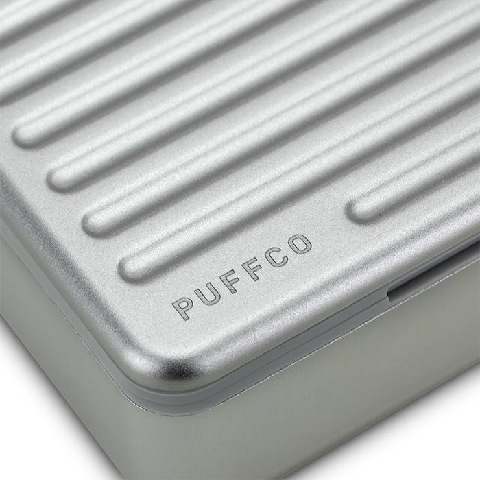 Protective hard-shell aluminum travel case for PuffCo Pivot with four interior compartments