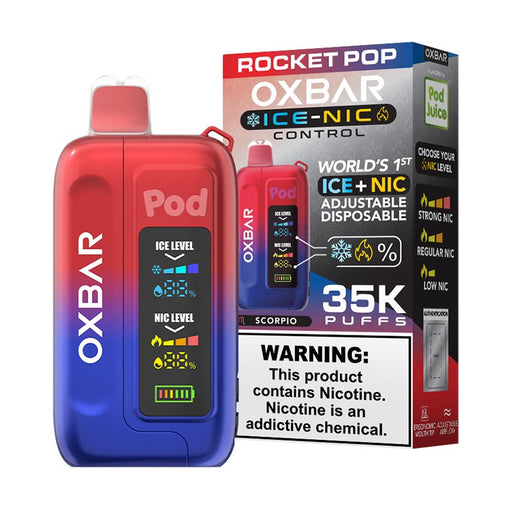 Pod Juice X OXBAR Ice-Nic Control vape with brain freeze ice level and strong nicotine for intense satisfaction.