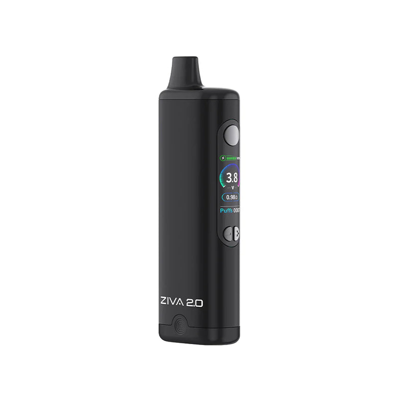 Close-up of the Yocan Ziva 2.0 510 thread vape battery with USB-C fast charging and adjustable voltage settings.