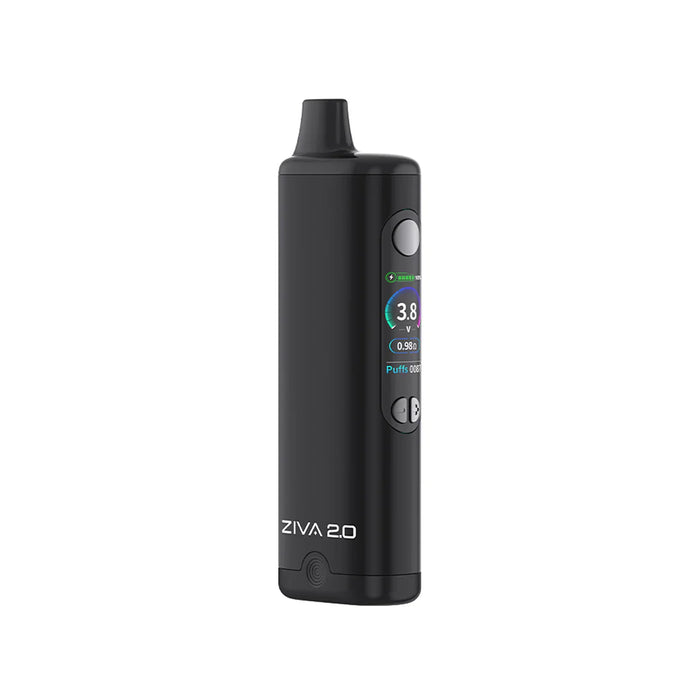Close-up of the Yocan Ziva 2.0 510 thread vape battery with USB-C fast charging and adjustable voltage settings.