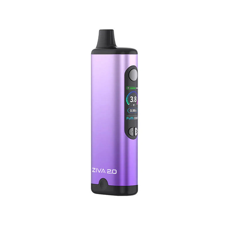 Teal Yocan Ziva 2.0 dab battery showing TFT screen with battery life, puff counter, and voltage display.