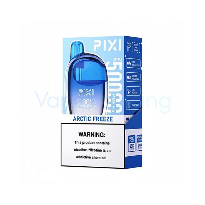 Pixi 50K disposable vape featuring 6% nicotine strength and dual mesh coil