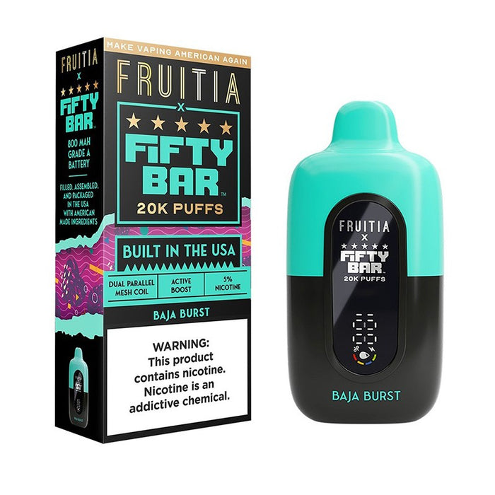 Fruitia X Fifty Bar 20K disposable vape with compact design, long-lasting battery, and Type-C fast charging at MistVapor.