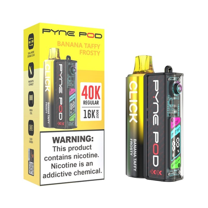 Pyne Pod Click 40K disposable vape in Puffy Blue and Miami Mint flavors.