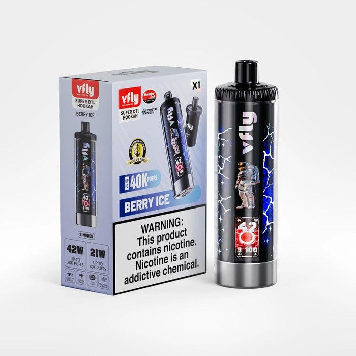VFLY Super DTL 40K disposable e-hookah with 18ml vape juice and nicotine strength of 0.6%