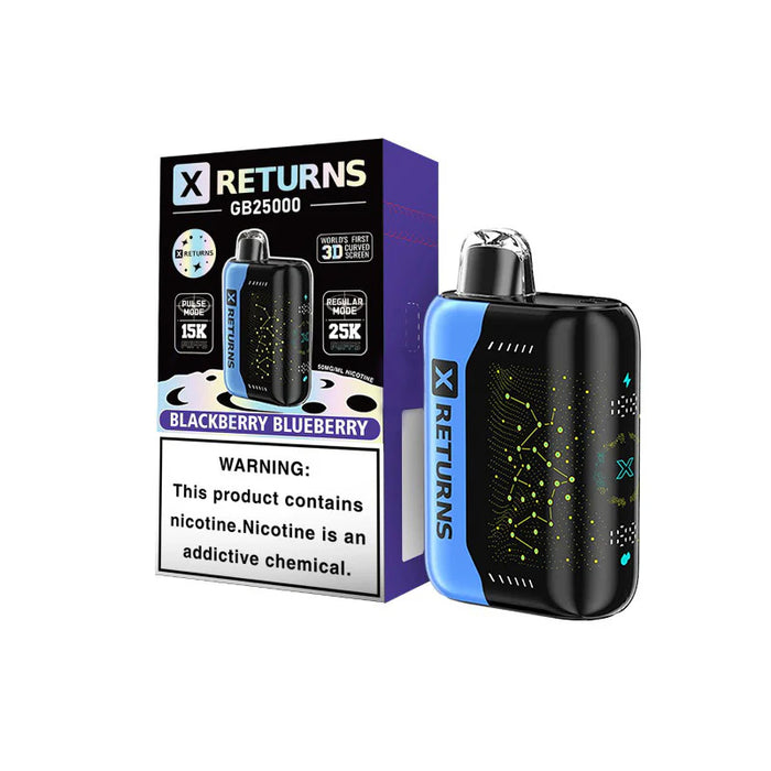 Blue Razz Ice X Returns GB25000 disposable vape with long-lasting rechargeable battery.