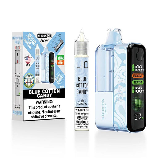 iJOY XP100K refillable disposable vape with smart side display showing pod and power bank battery levels.