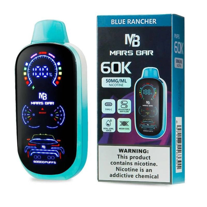 Mars Bar 60K rechargeable disposable vape with adjustable airflow and digital screen display for puff counter