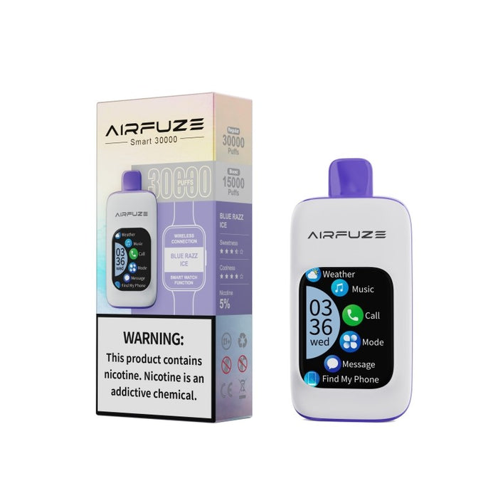 AirFuze 30K Disposable Vape with clear display of e-liquid level blue razz ice.