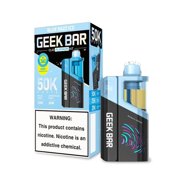 Geek Bar Clio Platinum 50K vape showing 360° dual screen display for battery and light effects.