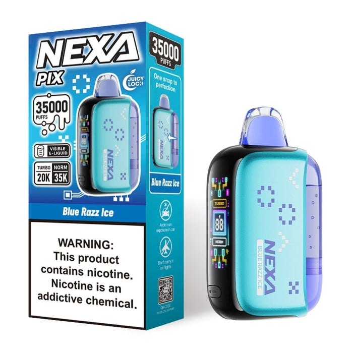 Close-up of NEXA PIX disposable vape showing USB Type-C charging port and HD battery display