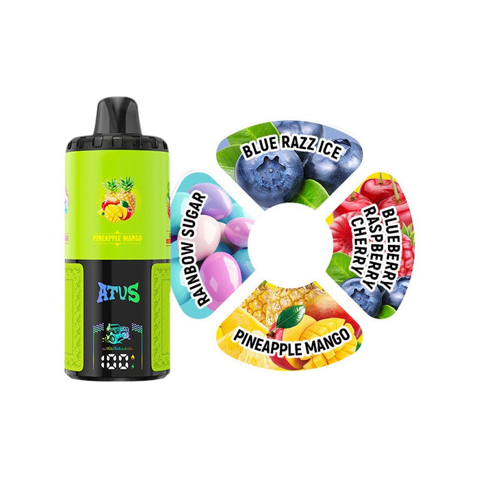 Flavorful ATVS 60K disposable vape with 5% nicotine strength, four tanks, and smooth vapor production for vapers.