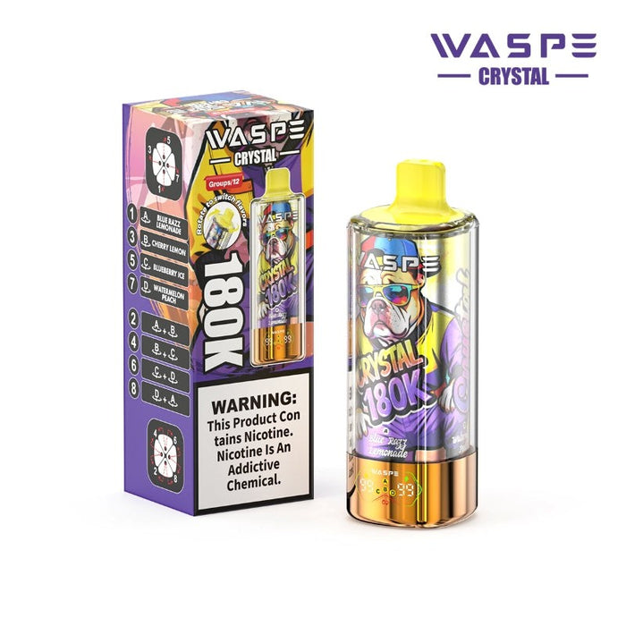 Close-up of WASPE Crystal 8-in-1 disposable vape showing color display with battery life and e-juice levels.