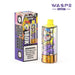 Close-up of WASPE Crystal 8-in-1 disposable vape showing color display with battery life and e-juice levels.