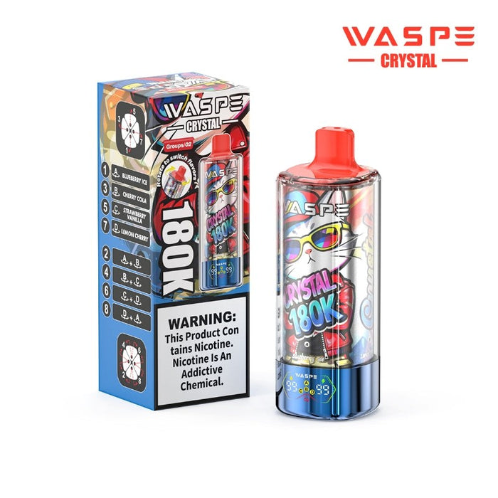 Side view of WASPE Crystal 8-in-1 multi-flavor vape with twist mouthpiece for adjustable flavor combinations.