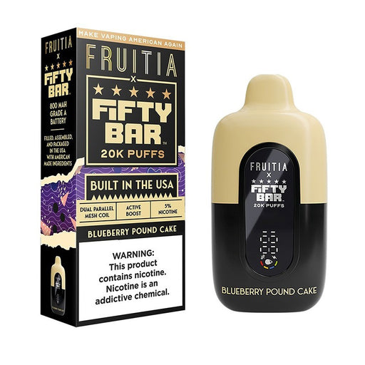 Exclusive Fruitia X Fifty Bar 20K disposable vape with dual parallel mesh coil delivering smooth clouds and intense flavor.