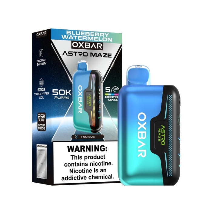 Side display screen showing battery, e-liquid, and nicotine level on Astro Maze vape