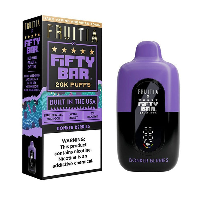 Rechargeable 900mAh battery in Fruitia X Fifty Bar 20K disposable vape supports fast Type-C charging for uninterrupted use.