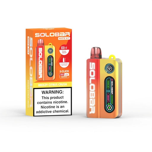 Eco-friendly Solobar Mate 35K disposable vape with removable pods and battery for sustainable vaping.