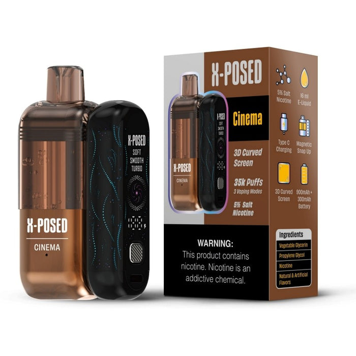 X-Posed 35K vape with side screen showing battery life and output mode.