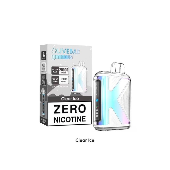 Olive Bar Luminous 20K disposable vape in Clear Ice, Juicy Peach Ice, Miami Mint, and Strawberry Ice Refresher flavors.