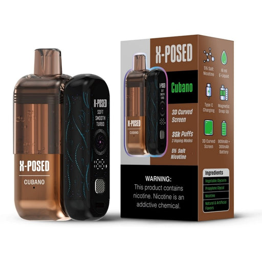 X-Posed 35K disposable vape with transparent crystal-colored pod to monitor e-juice level.