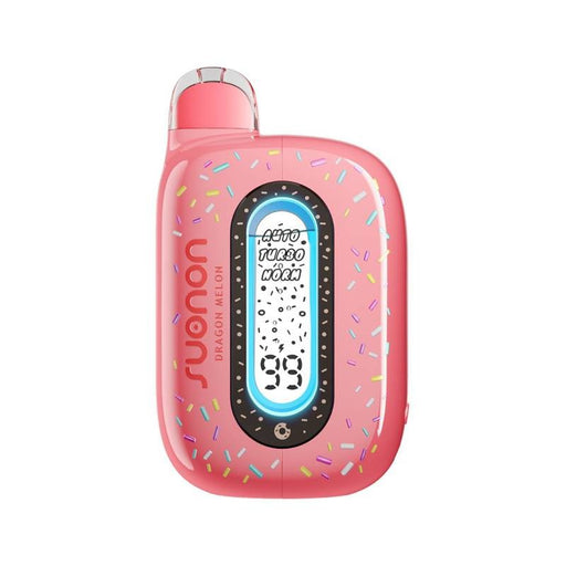 Donut-inspired Suonon Donete 50K vape featuring transparent tank and LED curved display.