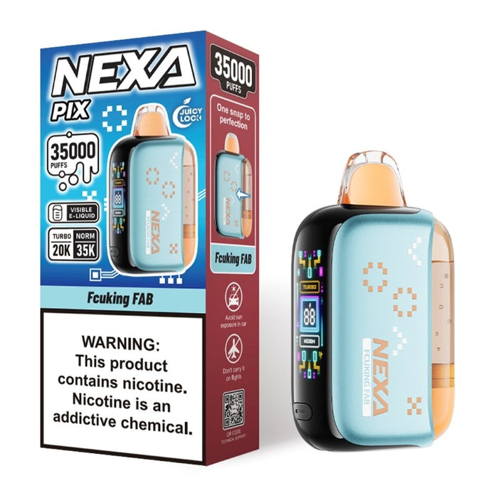 Side view of NEXA PIX disposable vape showing crystal clear juice tank for visible e-liquid level