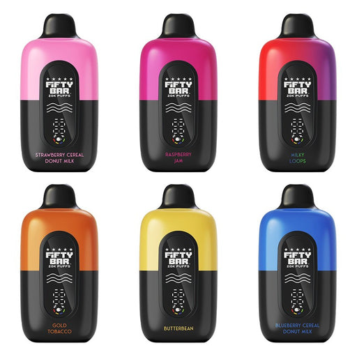 Fifty Bar 20K Disposable Vape with 20,000 puffs and 5% nicotine strength, pre-filled with 18ml premium e-juice at MistVapor online vape shop.