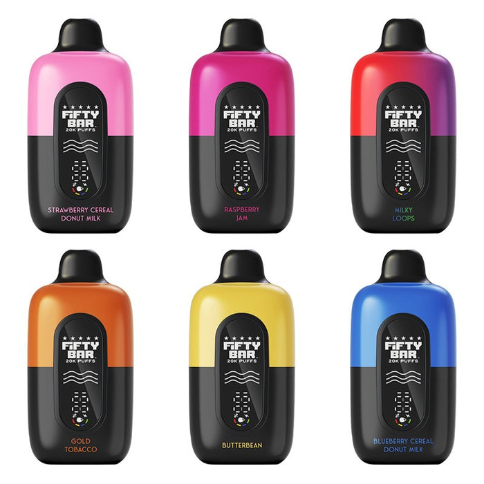 Fifty Bar 20K Disposable Vape with 20,000 puffs and 5% nicotine strength, pre-filled with 18ml premium e-juice at MistVapor online vape shop.