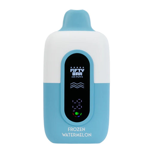 Close-up of Fifty Bar 20K rechargeable nixodine vape showing LED display with battery life and e-juice volume.