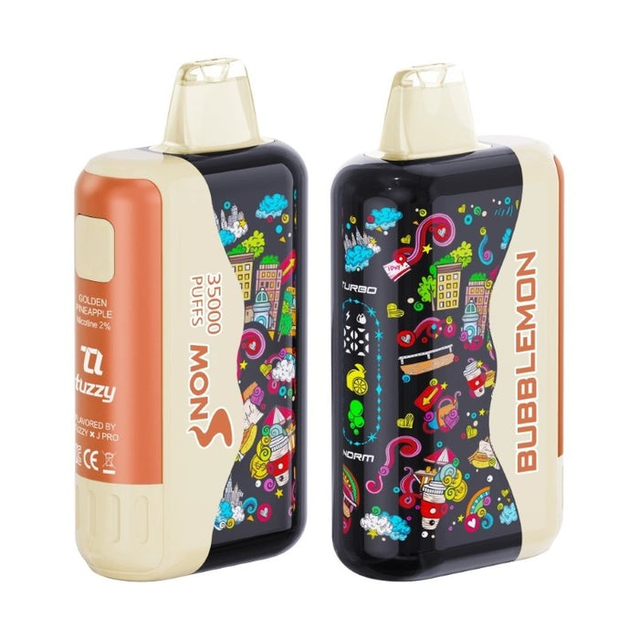 Bubblemon Graffiti Tuzzy 35K disposable vape showing battery and e juice levels on screen