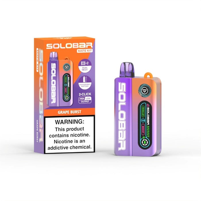 Rechargeable Solobar Mate 35K disposable vape with USB Type-C charging and colorful display screen for vaping convenience.