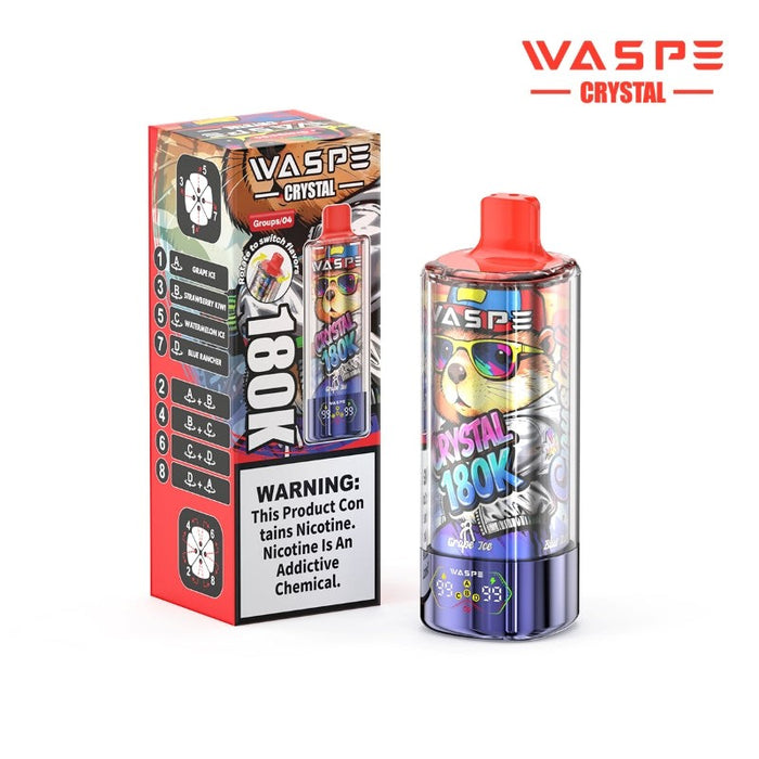 Rechargeable WASPE Crystal 8-in-1 vape with USB Type-C charging for long-lasting performance.