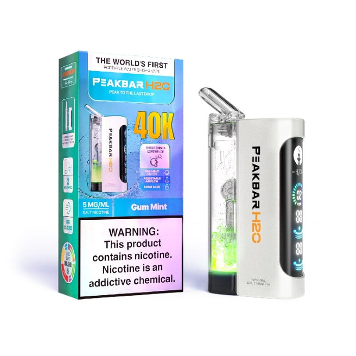 PeakBar H2O 40K rechargeable disposable vape with 1000mAh battery and USB-C charging