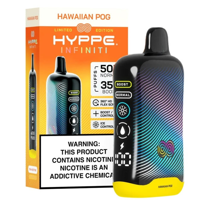 Hyppe Infiniti 50K vape with bright digital screen showing puff count and battery life.