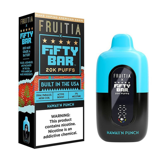 20,000 puffs Fruitia X Fifty Bar 20K disposable vape with adjustable three-level airflow for customized vaping experience.