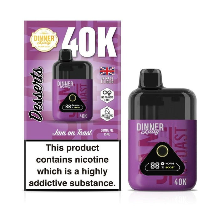 Dual-mode Dinner Lady Desserts 40K vape with Normal and Boost modes for sweet and creamy flavors.