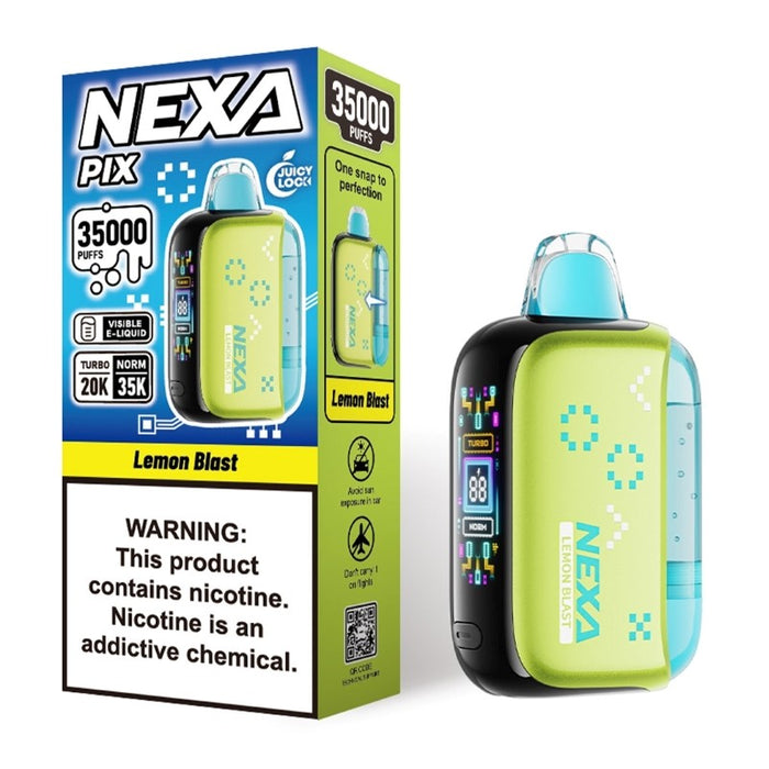 NEXA PIX vape with LED display indicating battery level and vaping mode on the screen