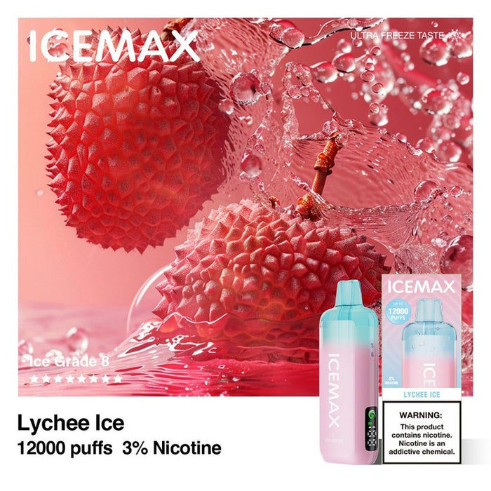 Lychee Ice Icemax 12K vape with USB-C rechargeable battery for convenient vaping.