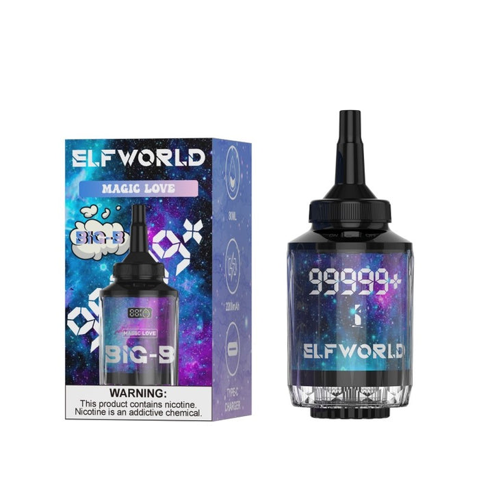 DTL-compatible Elfworld Big-B disposable hookah vape with ergonomic design and vibrant LED breathing lights for immersive vaping.