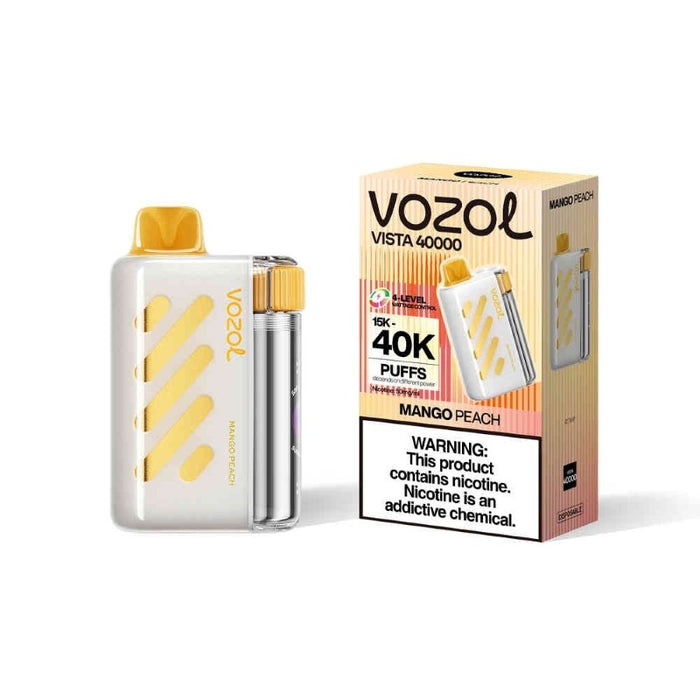 VOZOL Vista 40K disposable vape with side curved digital screen showing battery and e-juice levels.