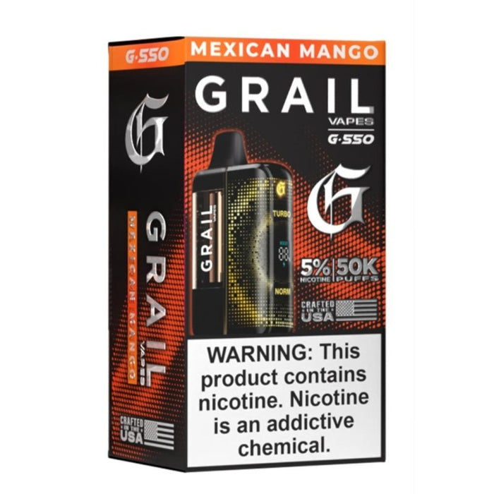 Premium Grail G550 50K vape available in flavors like Peach Ice, Watermelon Ice, and Mexican Mango.